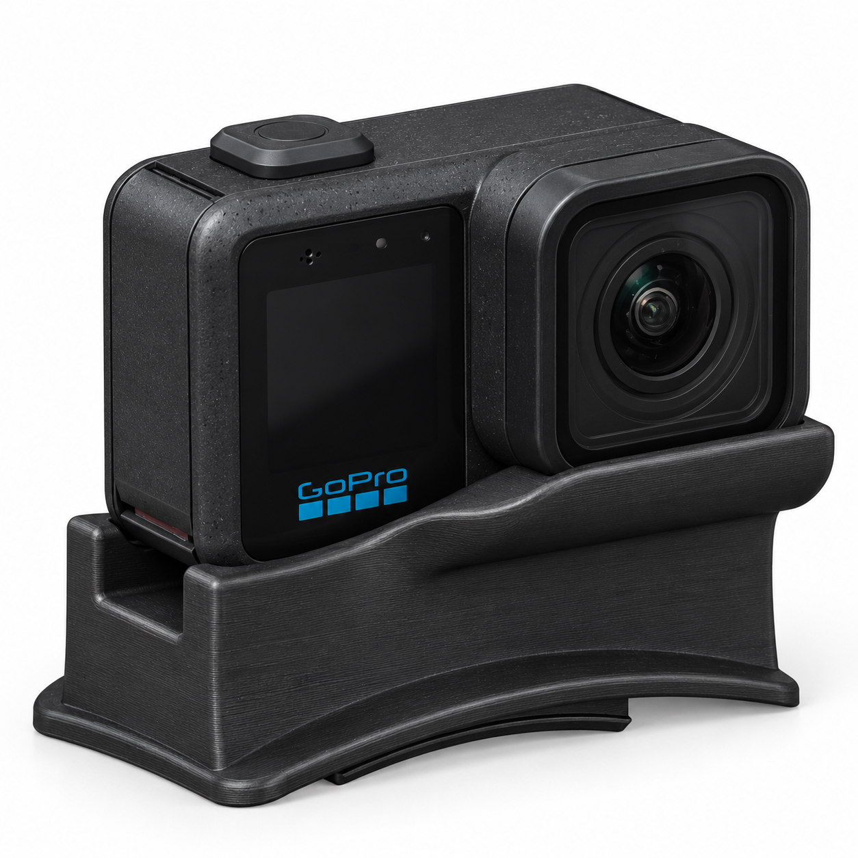Product visualization of a GoPro Mission 1 Pro seated in the black GoPro Mission 1 Pro Mount for Cookie G35, viewed from the charging-door side