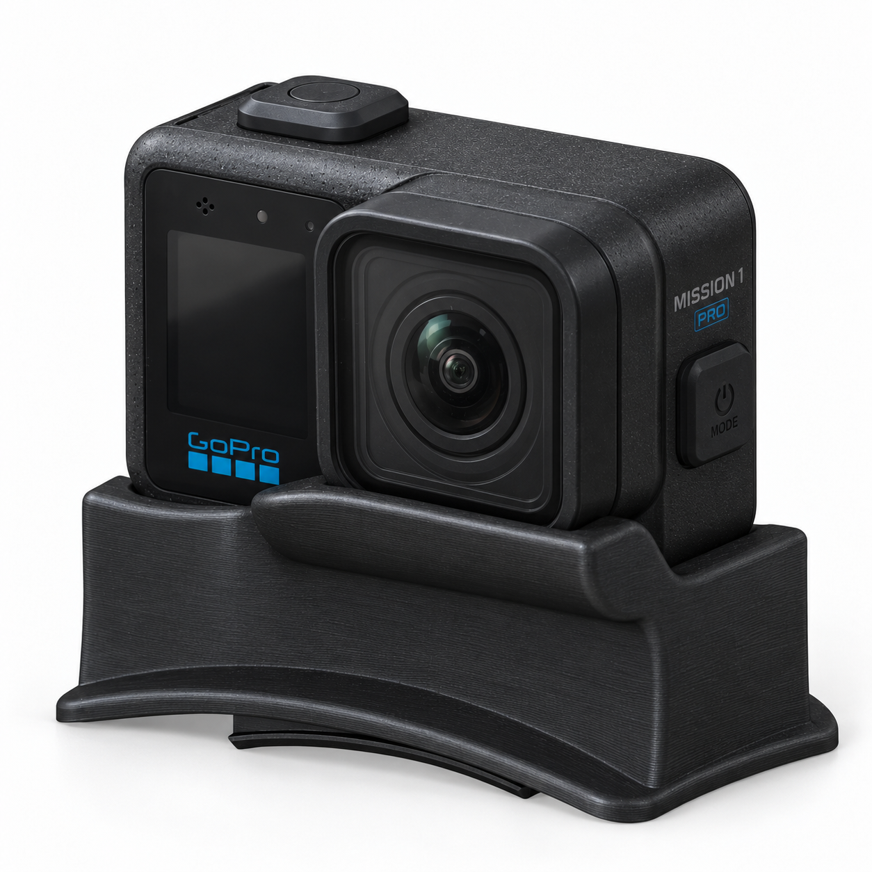 Product visualization of a GoPro Mission 1 Pro seated in the black GoPro Mission 1 Pro Mount for Cookie G35, viewed from the lens side