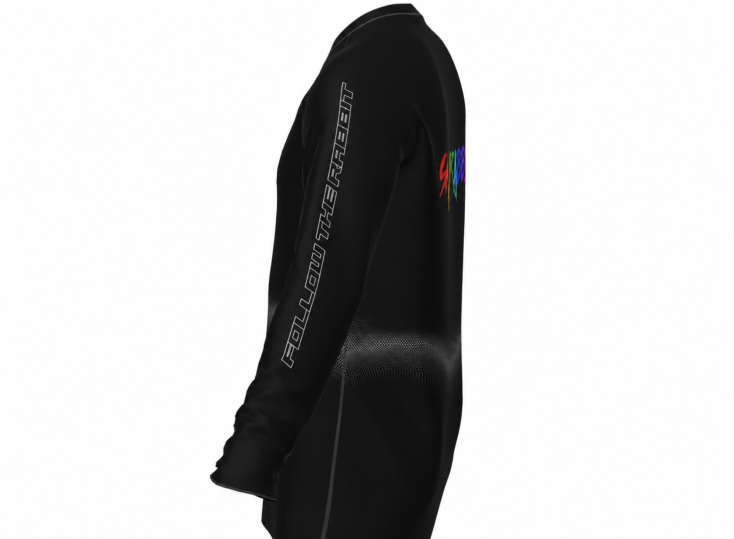 Side profile showing the Follow the Rabbit sleeve graphic